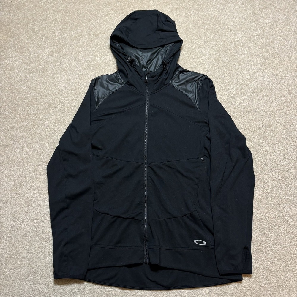 Oakley Jacket Mens Large Black Hooded Full Zip Fleece Lined Stretch Y2K Gorpcore